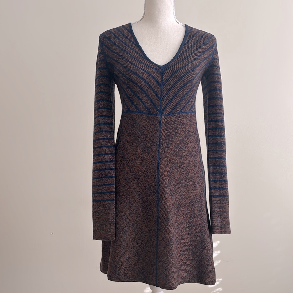 See By Chloe Striped V-Neck Knit Dress - Navy and Brown